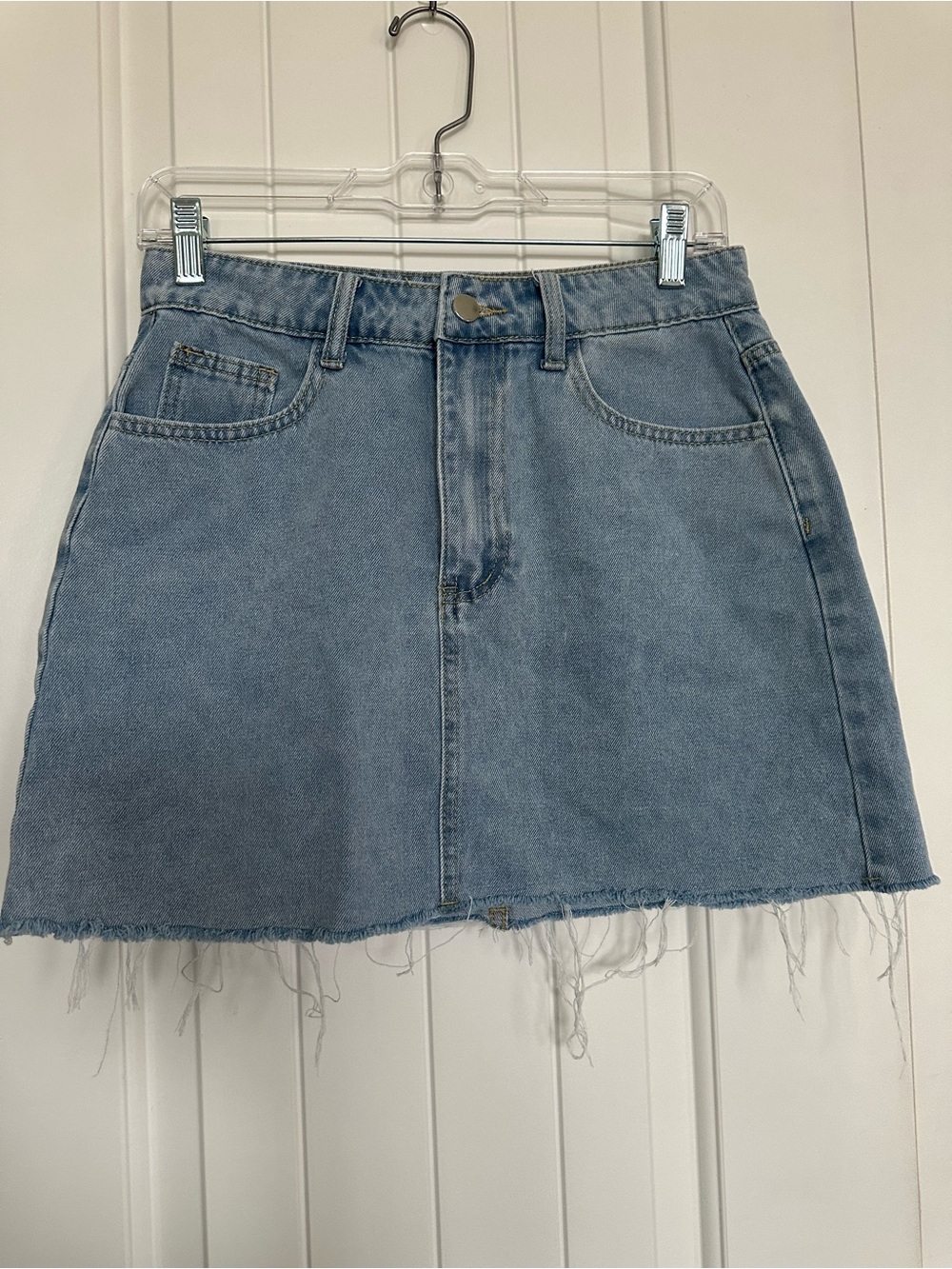 Light Blue Denim Mini Skirt - Casual Raw Hem